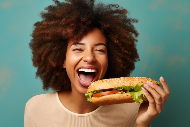 Une femme africaine de 22 ans mange un sandwich sur une planche de bois.