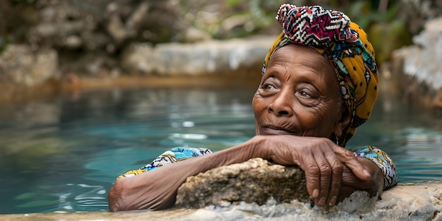 Une femme africaine âgée profite d'un bain apaisant dans une source chaude Concept Bien-être pour les personnes âgées Spa Retreat Thérapie des sources chaudes Baignade rajeunissante