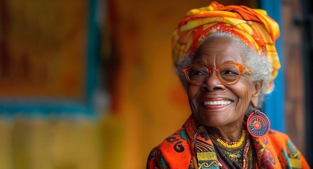 Photo une femme africaine âgée vibrante avec un couvre-chef brillant et un sourire joyeux
