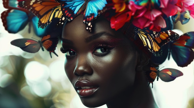 Une femme africaine attrayante avec des papillons.