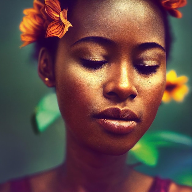 Femme africaine aux yeux fermés et fleurs en arrière-plan rendu 3d