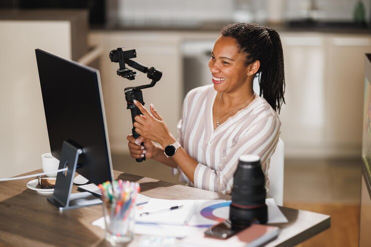 Femme africaine bloguant sur des produits photographiques et montrant un cardan pour appareil photo tout en se réunissant en ligne sur son ordinateur à la maison.