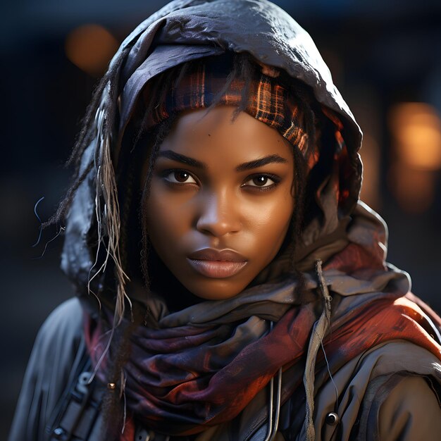 Une femme africaine avec une cape et des vêtements de style cyberpunk