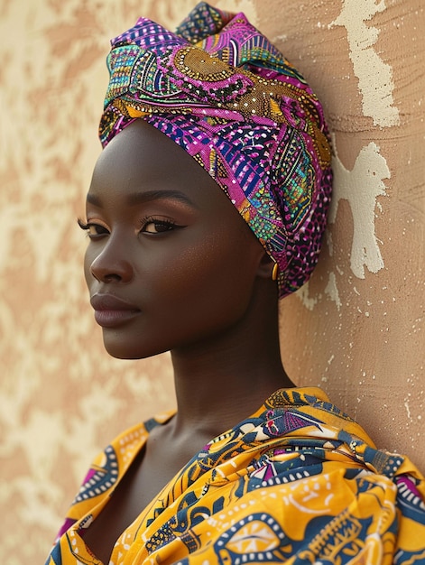 Une femme africaine dans un turban, des vêtements traditionnels et un intérieur. Une fille avec des bijoux dans des vêtements de couleur noire, une belle peau et conservant son ethnie africaine.