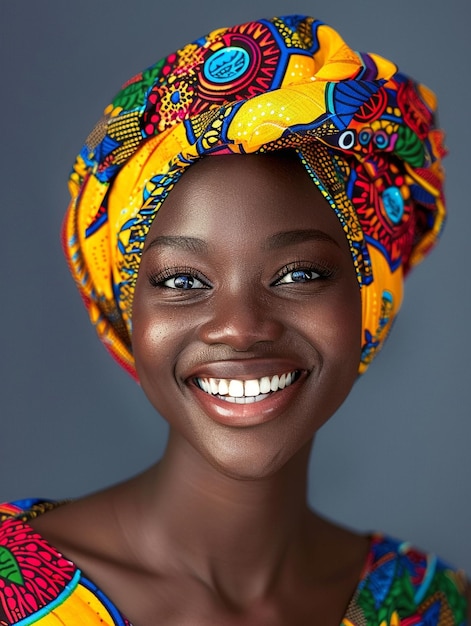 Une femme africaine dans un turban, des vêtements traditionnels et un intérieur. Une fille avec des bijoux dans des vêtements de couleur noire, une belle peau et conservant son ethnie africaine.