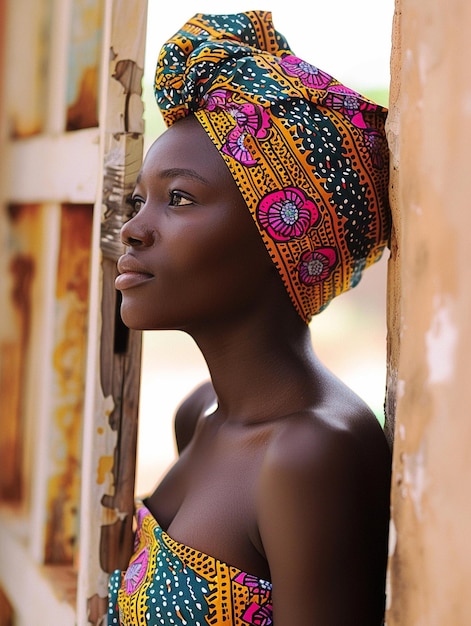 Une femme africaine dans un turban, des vêtements traditionnels et un intérieur. Une fille avec des bijoux dans des vêtements de couleur noire, une belle peau et conservant son ethnie africaine.