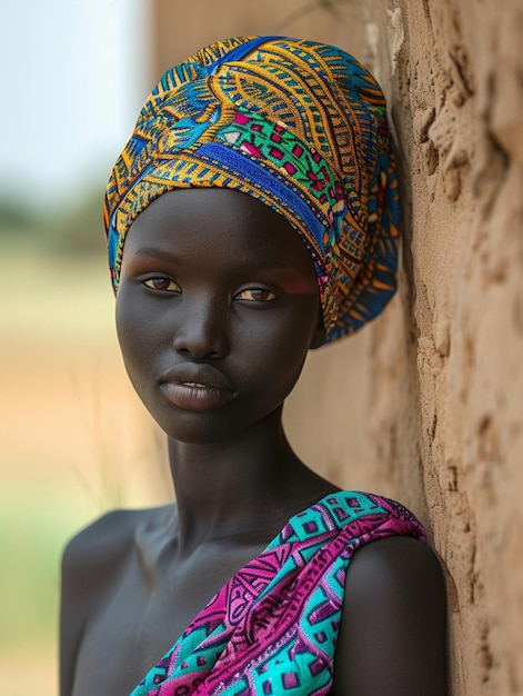 Photo une femme africaine dans un turban, des vêtements traditionnels et un intérieur. une fille avec des bijoux dans des vêtements de couleur noire, une belle peau et conservant son ethnie africaine.