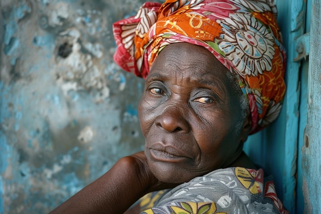 Une femme africaine dans un turban, des vêtements traditionnels et un intérieur. Une fille avec des bijoux dans des vêtements de couleur noire, une belle peau et conservant son ethnie africaine.