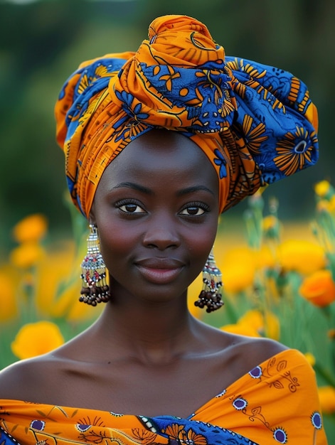 Photo une femme africaine dans un turban, des vêtements traditionnels et un intérieur. une fille avec des bijoux dans des vêtements de couleur noire, une belle peau et conservant son ethnie africaine.