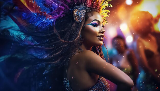 Une femme africaine avec du maquillage et des plumes sur la tête lors d'un carnaval nocturne