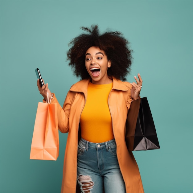 Une femme africaine excitée tenant des sacs à courses