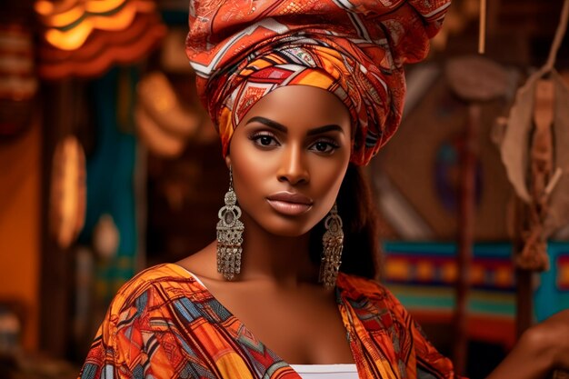 Une femme africaine exquise ornée de vêtements et d'accessoires traditionnels sur fond.