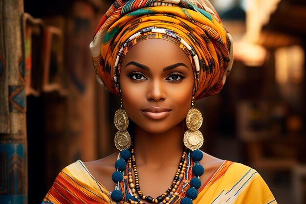 Une femme africaine exquise ornée de vêtements et d'accessoires traditionnels sur fond.