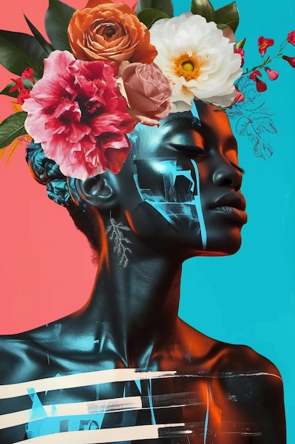 Une femme africaine florale moderne avec des fleurs