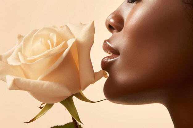 Femme africaine et grande rose blanche