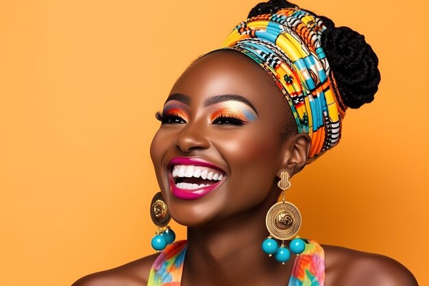 Femme africaine joyeuse avec du maquillage souriant dans un studio