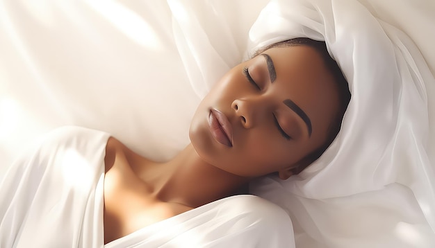 Femme africaine noire dormant sur un lit blanc le matin