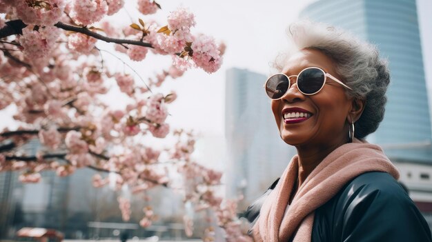 Une femme africaine à la peau noire souriante, heureuse et âgée, avec un verre de café en arrière-plan.