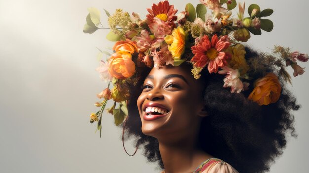 Une femme africaine à la peau noire avec la tête couverte de fleurs de printemps sur un fond beige clair