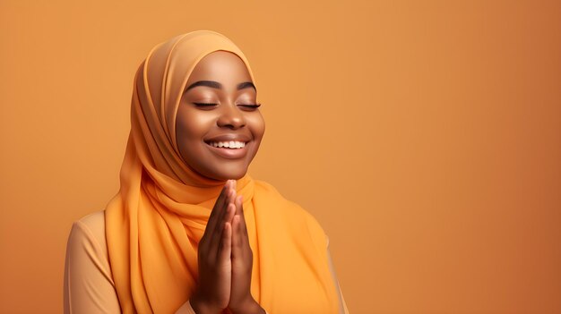 Photo une femme africaine portant un foulard prie et sourit sur un fond jaune