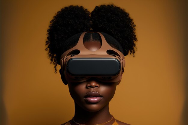 Femme africaine portant des lunettes de réalité virtuelle debout fond propre studio
