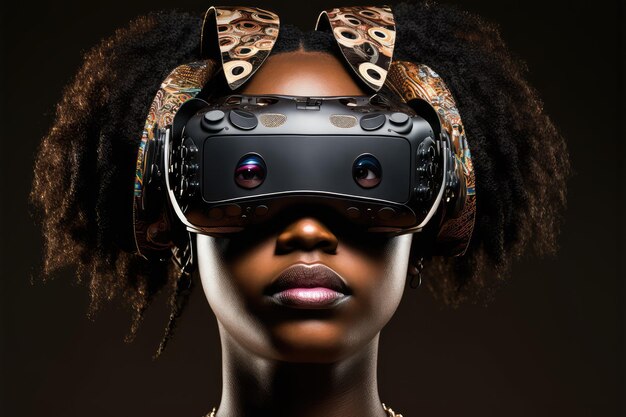 Femme africaine portant des lunettes de réalité virtuelle debout fond propre studio