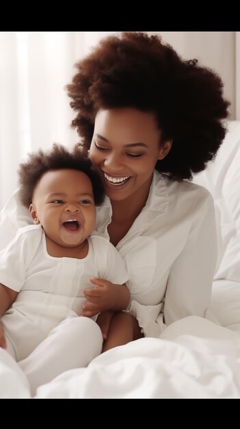 Une femme africaine avec son bébé dans une chambre blanche.