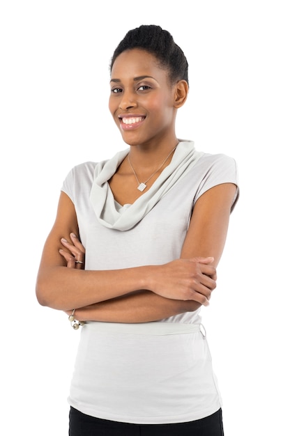 Femme africaine souriante, à, bras croisés