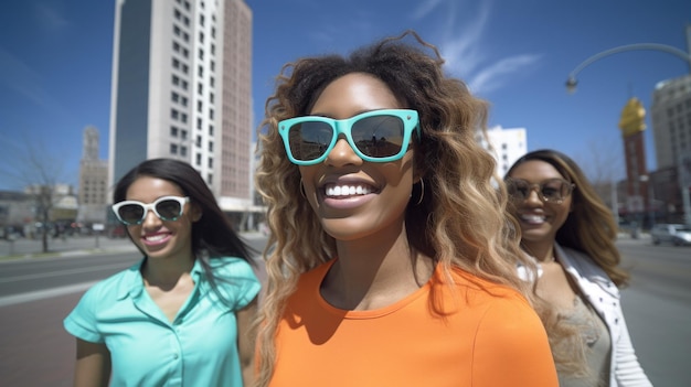 Une femme africaine souriante en orange avec des lunettes de soleil