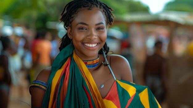 Une femme africaine avec un sourire joyeux tenant le drapeau d'Afrique du Sud