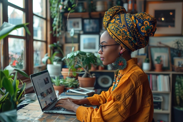 Une femme africaine en tenue traditionnelle concentrée sur son ordinateur portable dans un bureau à domicile confortable