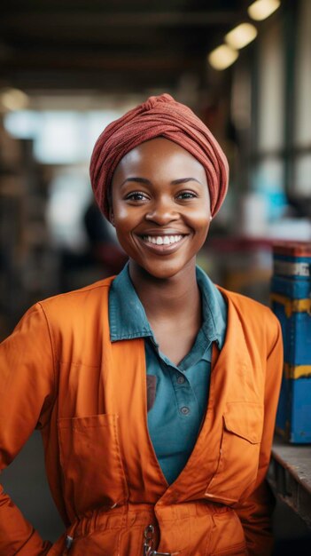 Photo une femme africaine d'une trentaine d'années sourit heureuse en travaillant dans une usine.