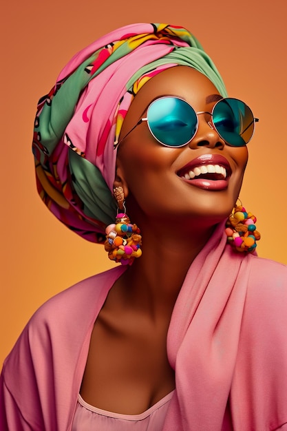 Femme africaine avec un turban au visage souriant à gauche et portant des lunettes de soleil sur le fond pastel isolé