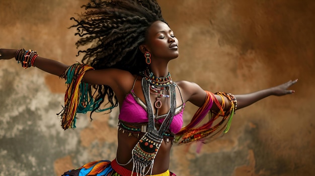 Une femme africaine en vêtements brillants danse avec des bijoux