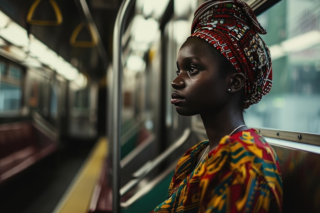 Une femme africaine avec un visage sérieux est assise dans un métro désert. Une jeune femme fatiguée est dans le métro tard dans la journée.