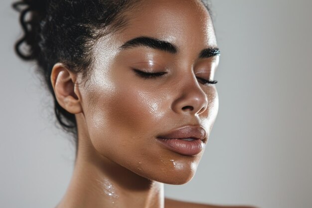 Photo la femme africaine a les yeux fermés en cours de traitement de beauté par spa aigx