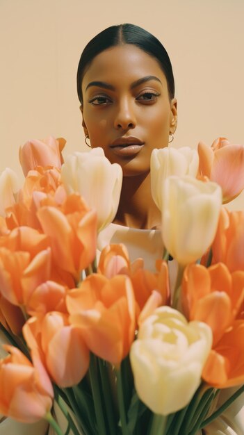 Femme afro-américaine d'âge moyen élégante tenant des bouquets de tulipes y2k esthétique dans le style de