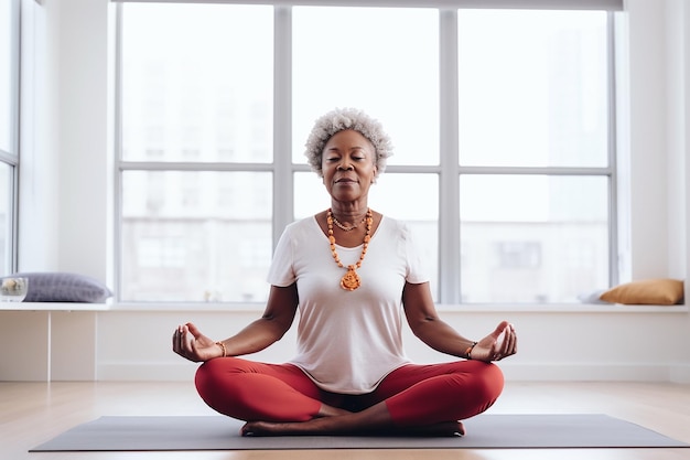 une femme afro-américaine âgée à la peau noire s'assoit en position de lotus dans un studio de yoga et médite