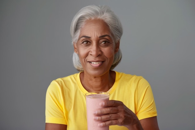 Une femme afro-américaine âgée souriante en T-shirt jaune avec un verre de boisson protéique à la main