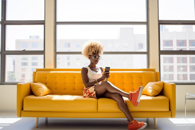 Une femme afro-américaine assise sur un canapé jaune près de la fenêtre et regardant le téléphone.