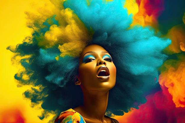 Femme afro-américaine aux cheveux afro volumineux dans un style pop art avec des contrastes de couleurs audacieux de cyan foncé et de jaune Parfait pour les projets de conception graphique Generative AI