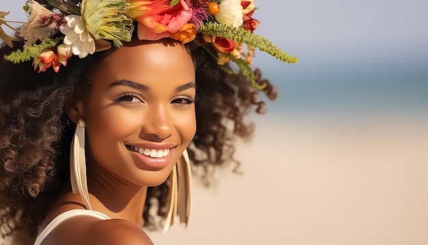 Femme afro-américaine aux cheveux bouclés et une couronne sur la tête concept de printemps