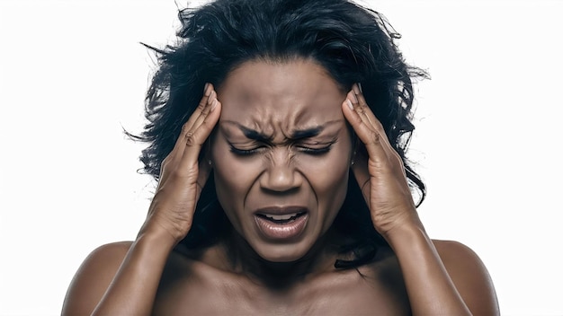 Photo une femme afro-américaine aux cheveux noirs et moelleux qui masse les tempes ressent des maux de tête sur le dos blanc.