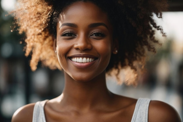 Femme afro-américaine avec un beau sourire et des dents blanches parfaites Closeup portrait