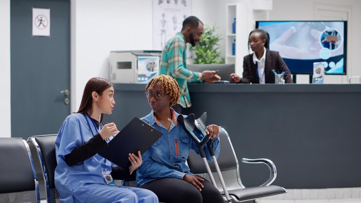 Photo femme afro-américaine avec des béquilles souffrant d'une déficience physique, parlant à un assistant médical d'invalidité et de rétablissement. diverses personnes discutant dans la zone de réception de l'hôpital.