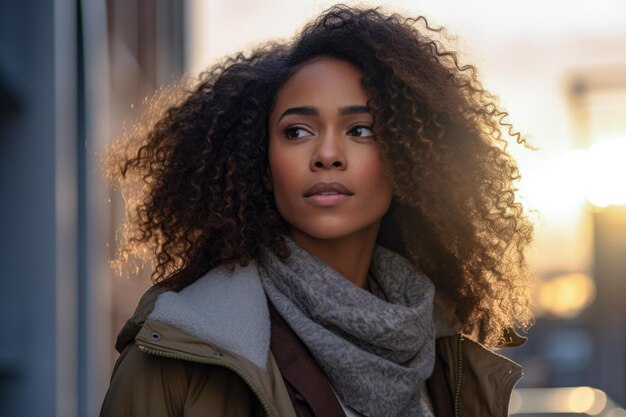 Une femme afro-américaine chic dans une rue ensoleillée