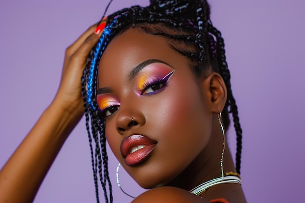 Photo une femme afro-américaine confiante avec un fond violet, des tresses élégantes en deux tons et un maquillage coloré.