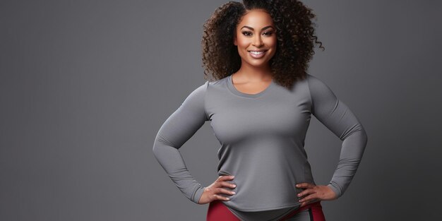 Une femme afro-américaine avec un corps en forme plus grande se tient dans un studio portant avec confiance des vêtements de fitness