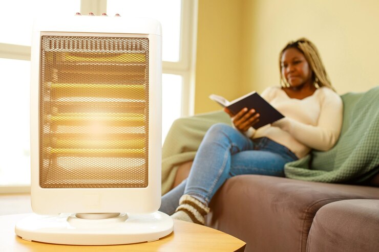 Photo femme afro-américaine en couverture bleue lisant un livre près d'un radiateur électrique à la maison