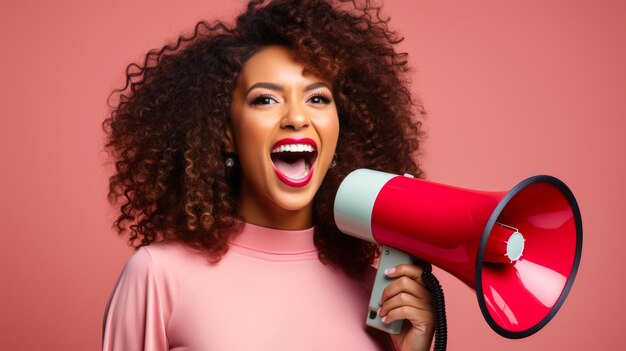 Photo une femme afro-américaine crie dans un mégaphone appel à l'action charismatique sur un fond rose